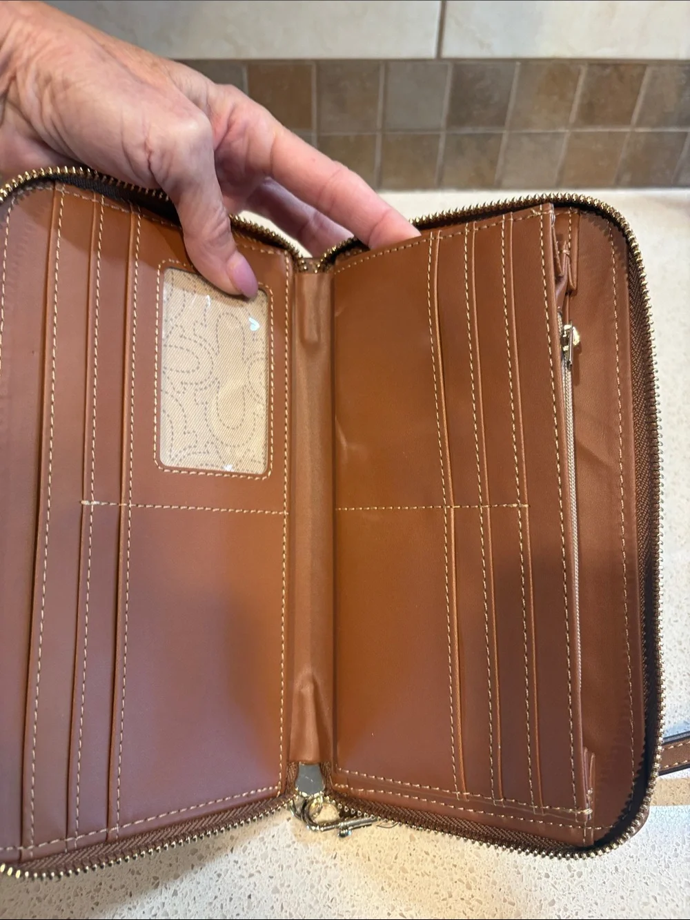 True Religion NWT Dark Denim & Tan Leather Large Wallet/Wristlet MSRP $48 - Picture 6 of 7